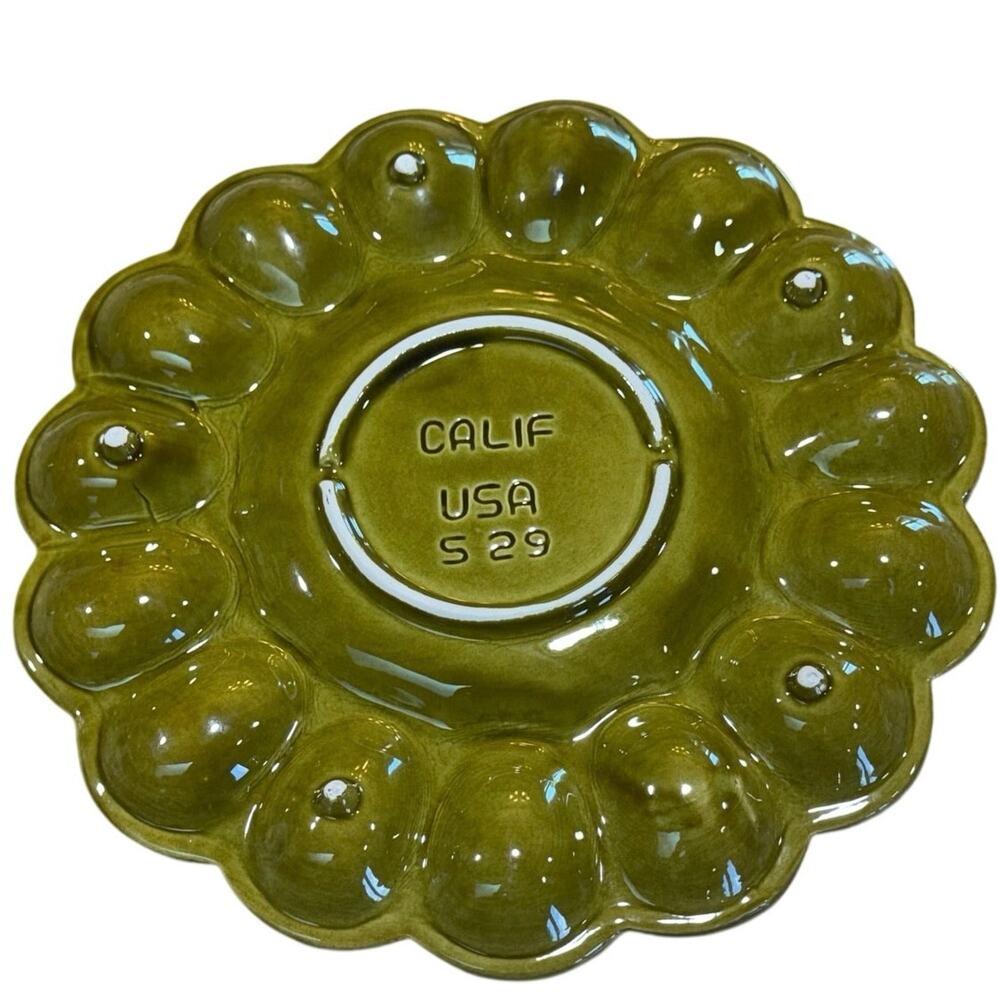 Vintage CALIF USA S 29 Deviled Egg Platter Avocado Green Chicken Folk Art - Picture 9 of 11